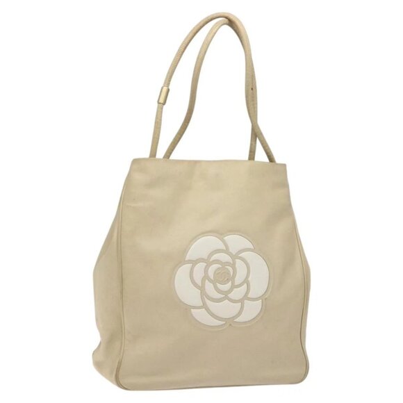 CHANEL Camelia Tote Bag Lamb Skin Beige Gold - Picture 1 of 15